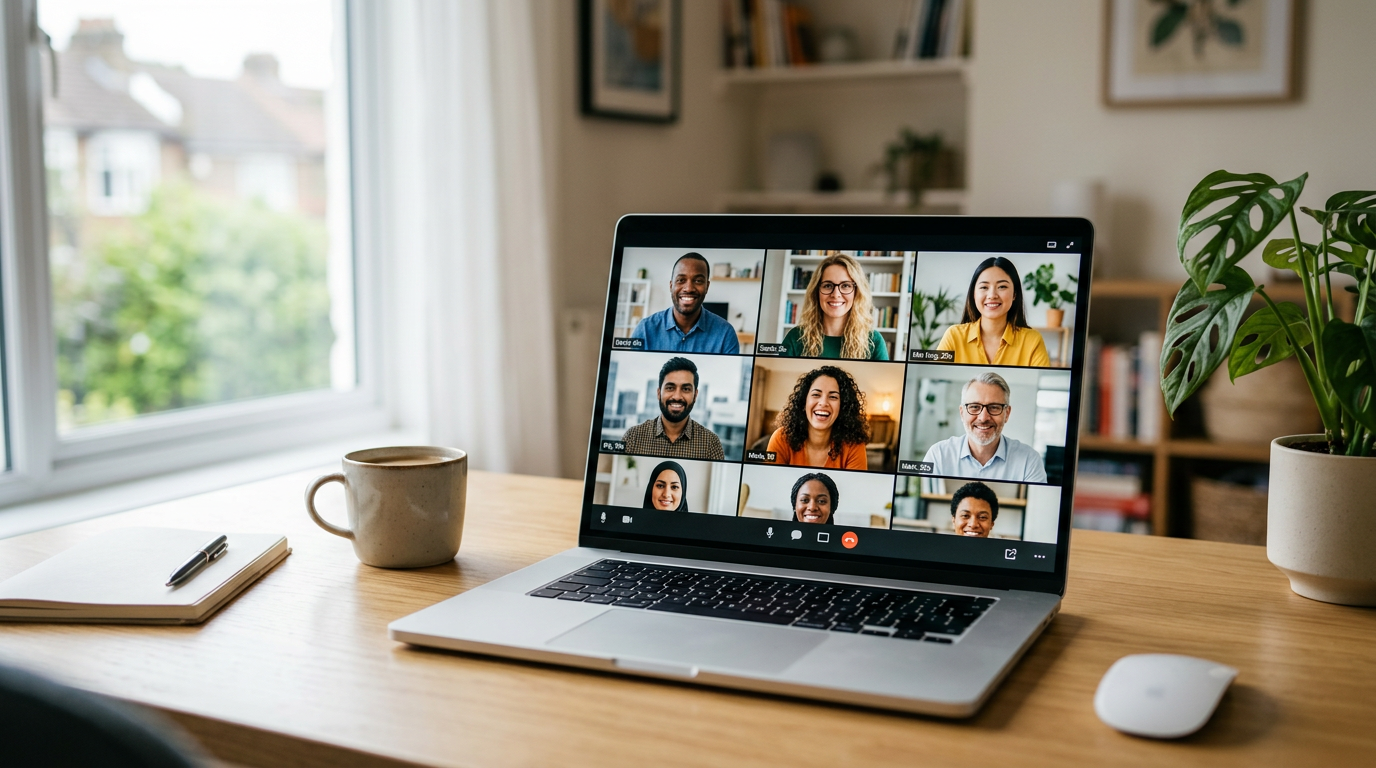 A diverse group of four or more people on a video call, including white, East Asian, and Black participants, learning online